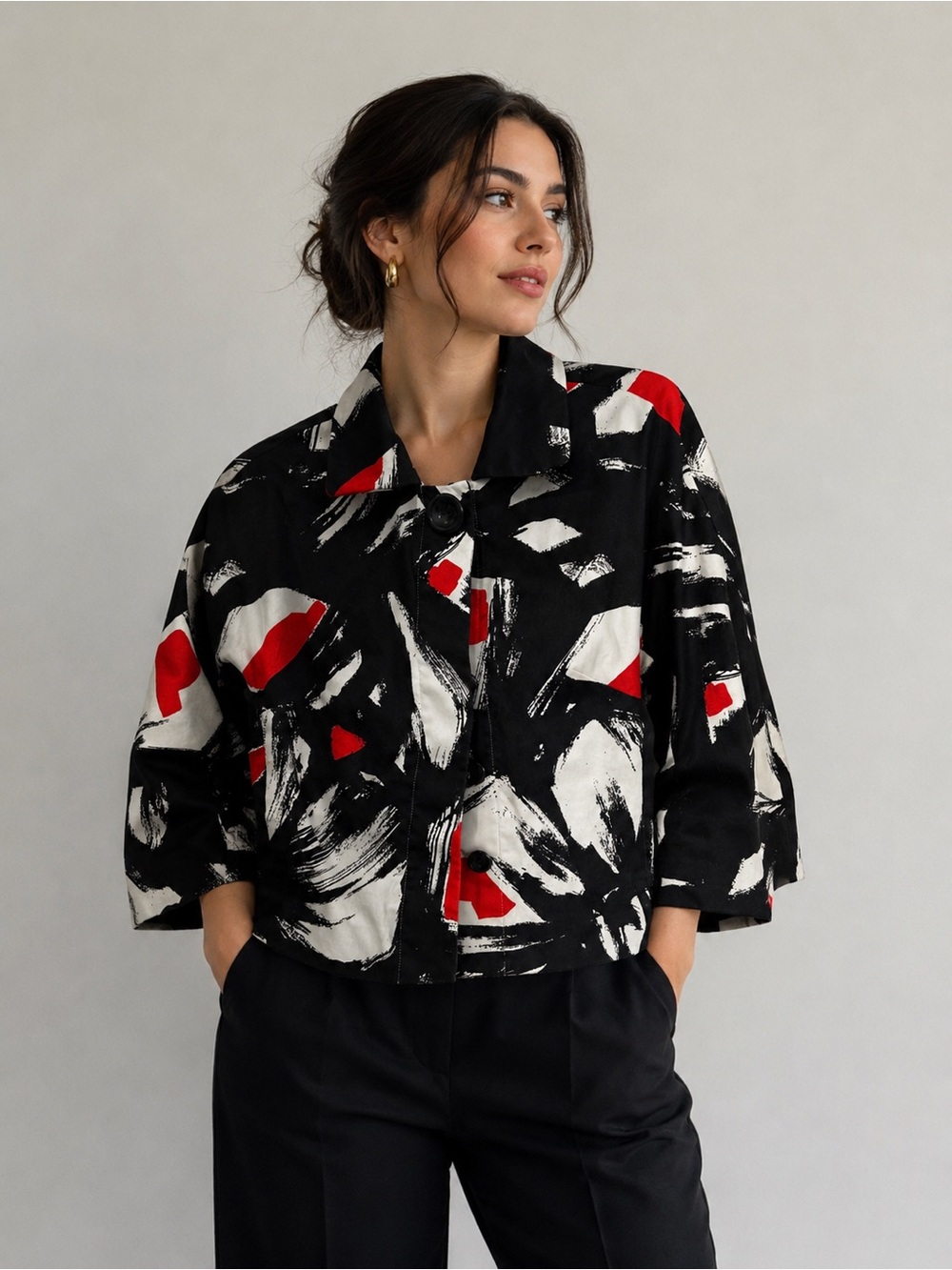 OrigPrice $118 - LauDrew Black, White & Red Abstract Cropped Blazer
